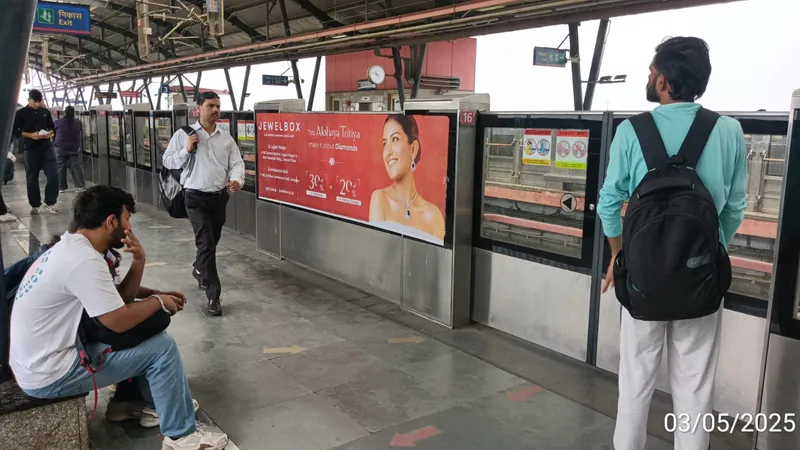 Jewelbox platform-door branding at Mayur Vihar Phase-I, Delhi Metro